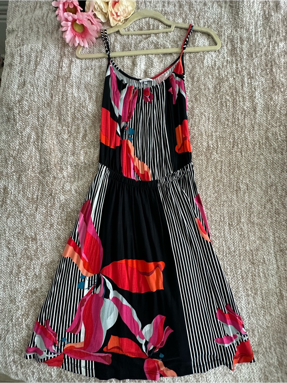 LASCANA NWOT Floral Stripe Black & Pink Sleeveless Summer Dress